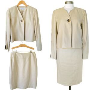 Calvin Klein 2-piece Linen Blend Skirt Suit Size 6 Tan Beige